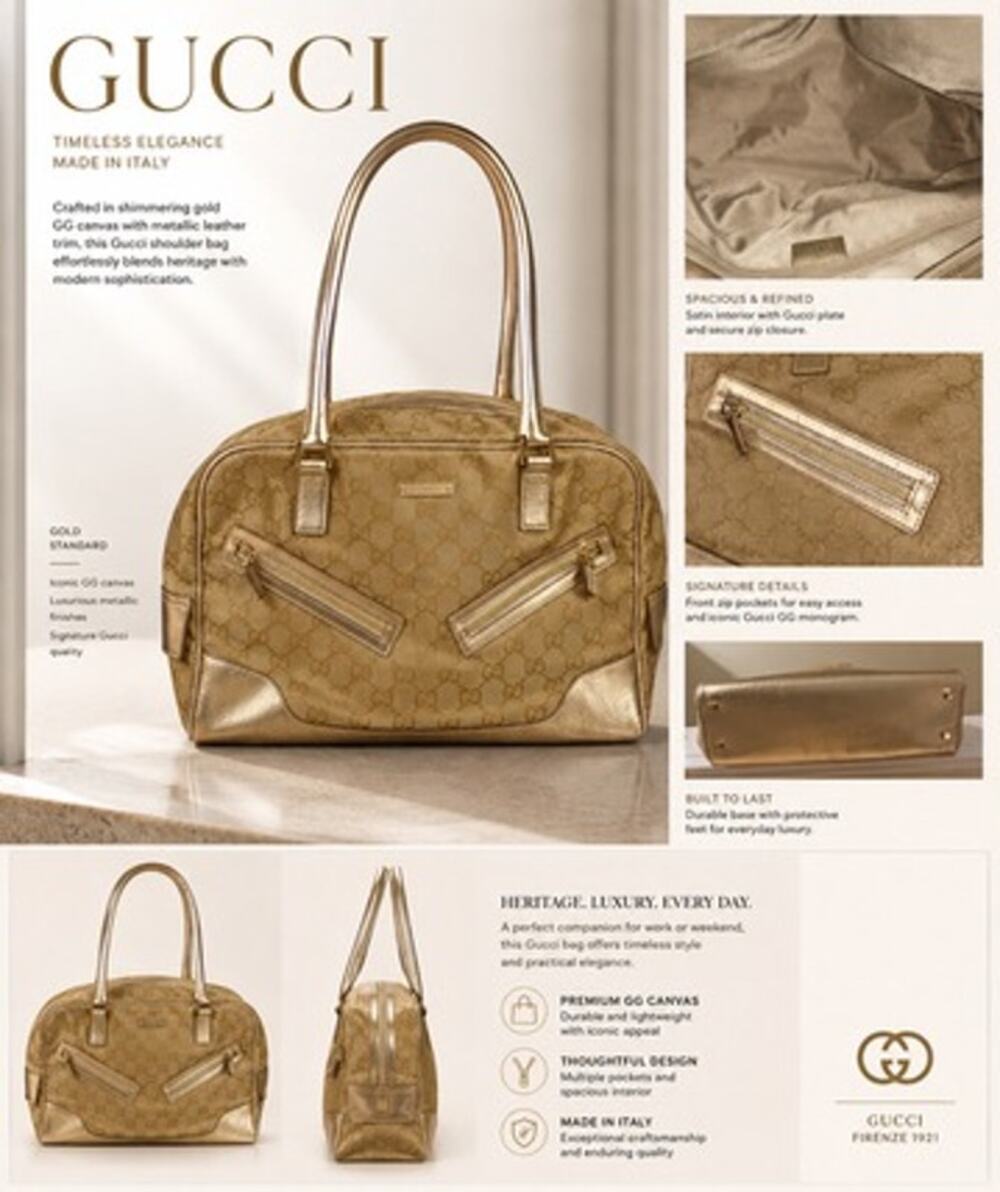 LS014  Gucci Gold Bowler Bag*Gold Leather and Canvas